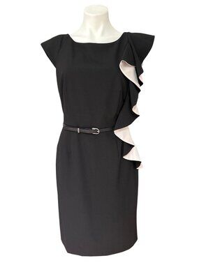 Antonio Melani Women's Black White Ruffle Sheath Dress With Belt Size 8